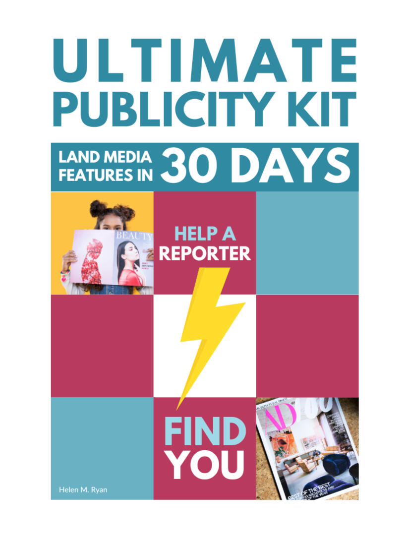 Cover that says Publicity Kit with maroon, blue and yellow squares.